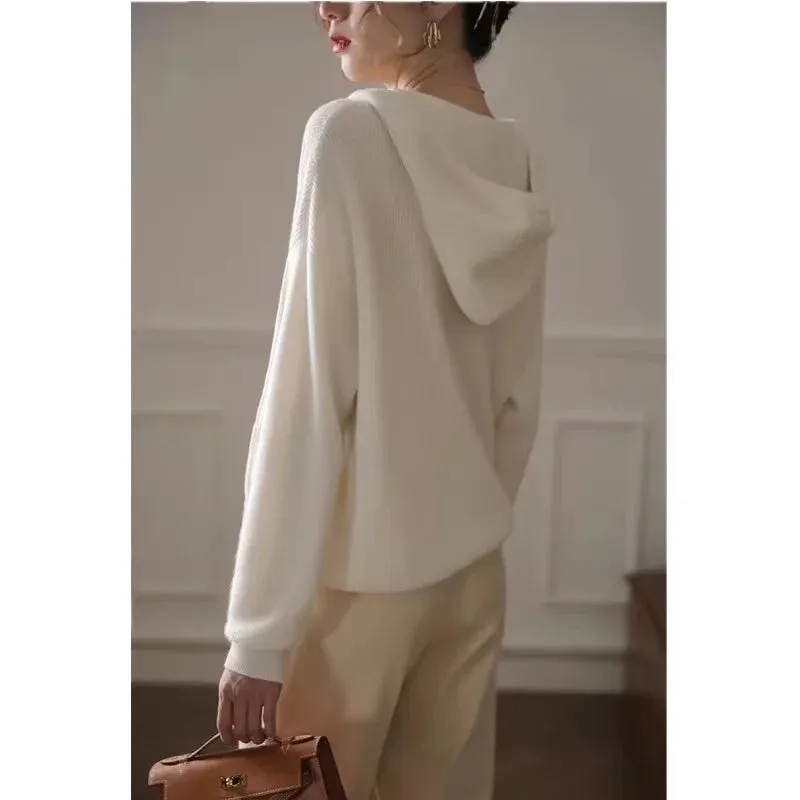 Hnzxzm Fashion Leisure Hooded Cashmere Sweater Female Fall Winter Loose Bottom Hoodie Pure Wool Hoodie Knitted Sweater Sweater