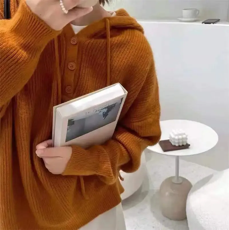 Hnzxzm Fashion Leisure Hooded Cashmere Sweater Female Fall Winter Loose Bottom Hoodie Pure Wool Hoodie Knitted Sweater Sweater