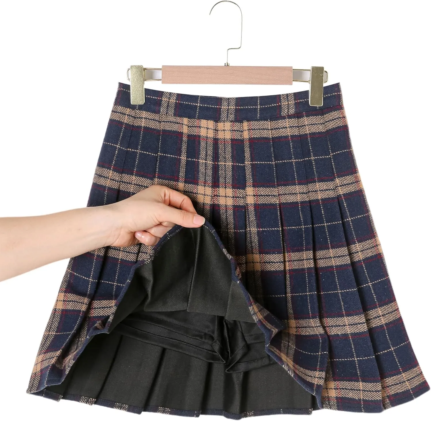 Hoerev Women Girls Thick Wool Fabric for Cold Weather Versatile Plaid Pleated Skirt with Shorts