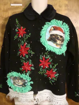 Holiday Poinsettias Christmas Cat Ugly Sweater