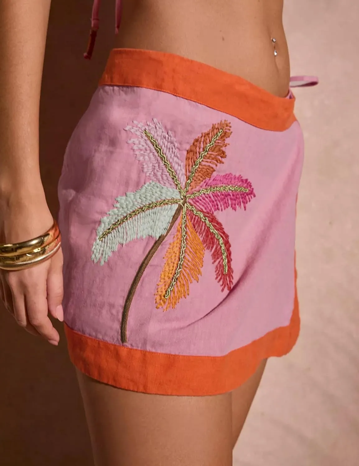 Huaqiao Women's Embroidered Wrap Mini Skirt Summer Cotton Linen Tie Side High Waist A Line Beach Boho Short Skirt