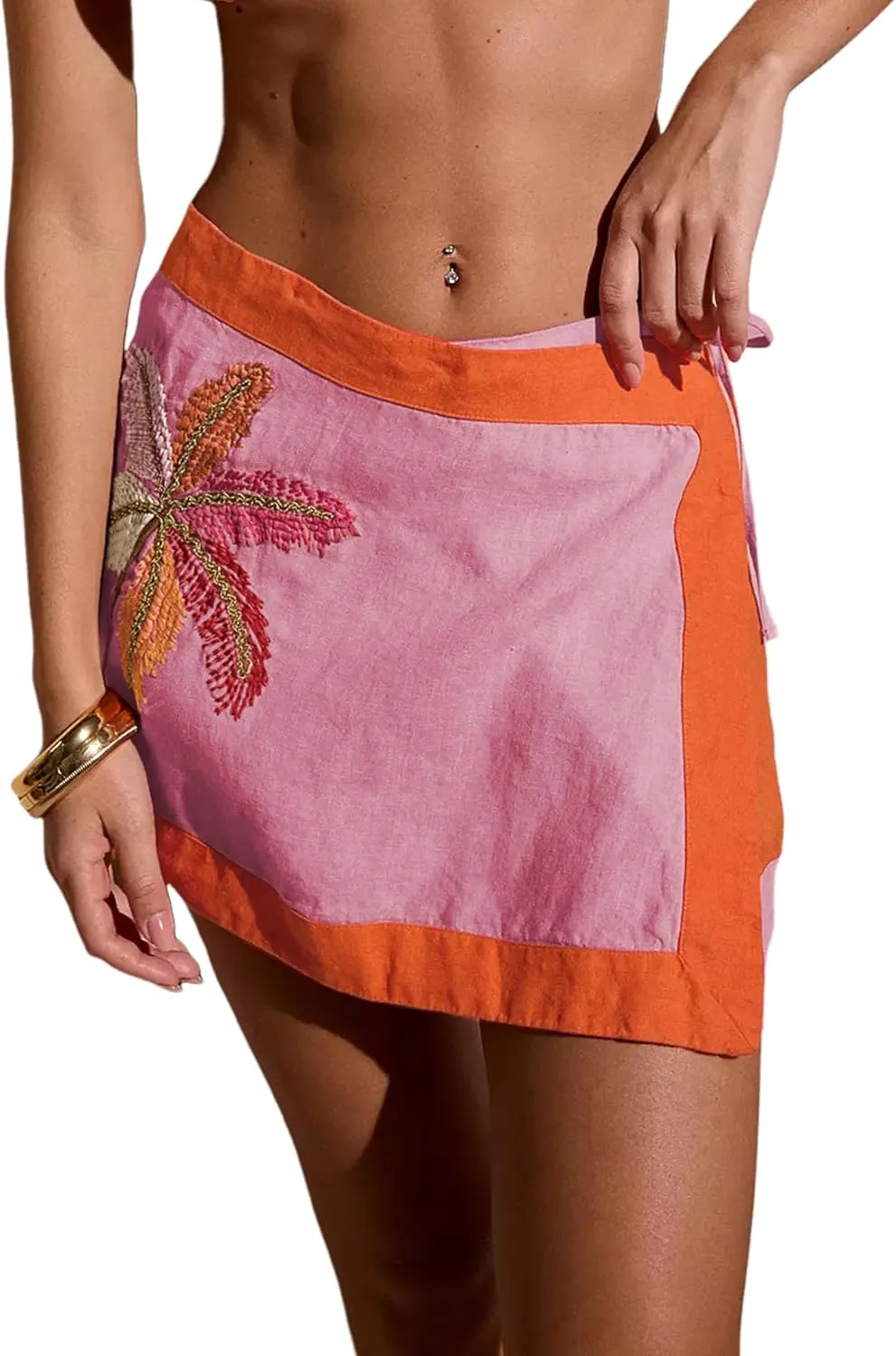 Huaqiao Women's Embroidered Wrap Mini Skirt Summer Cotton Linen Tie Side High Waist A Line Beach Boho Short Skirt