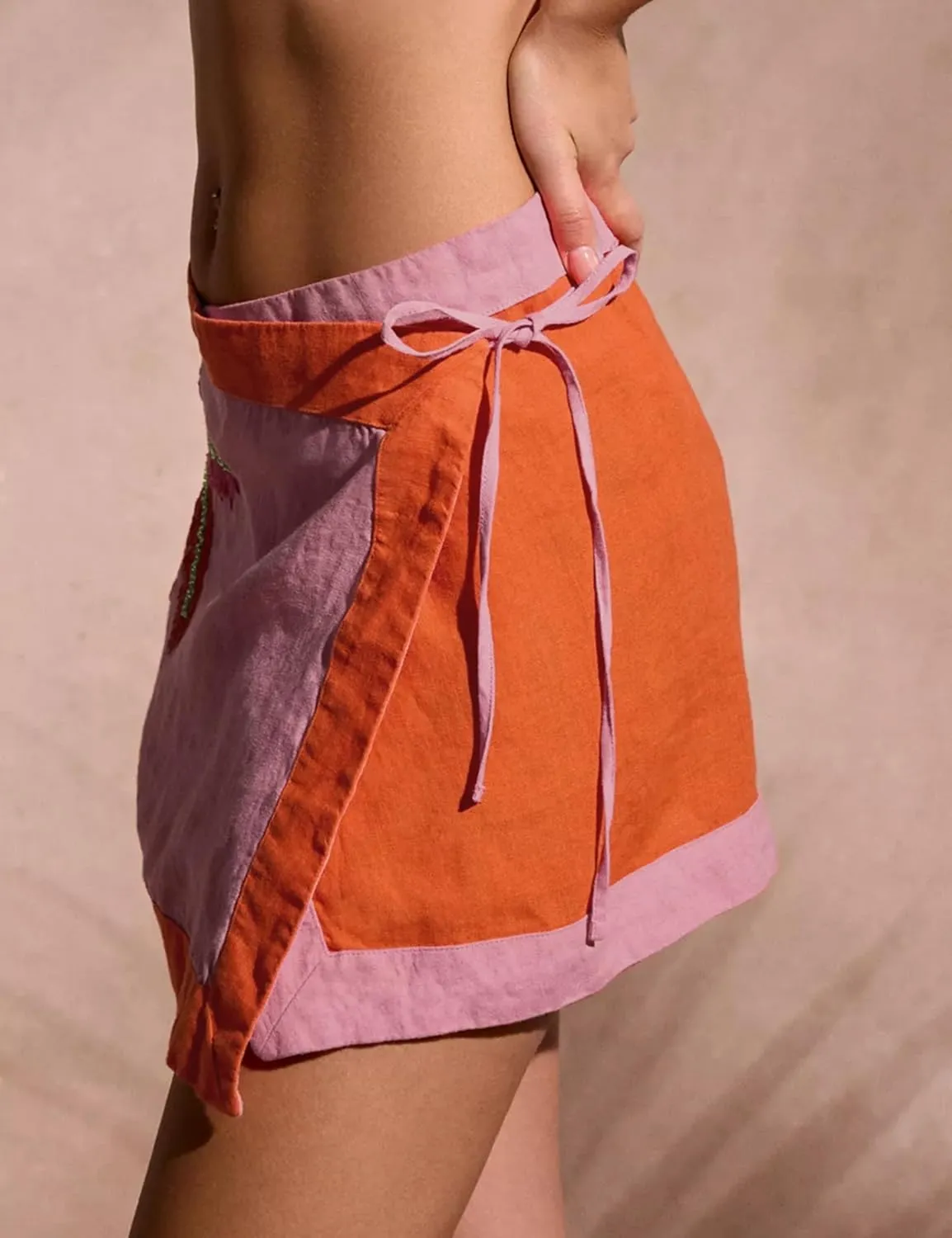 Huaqiao Women's Embroidered Wrap Mini Skirt Summer Cotton Linen Tie Side High Waist A Line Beach Boho Short Skirt