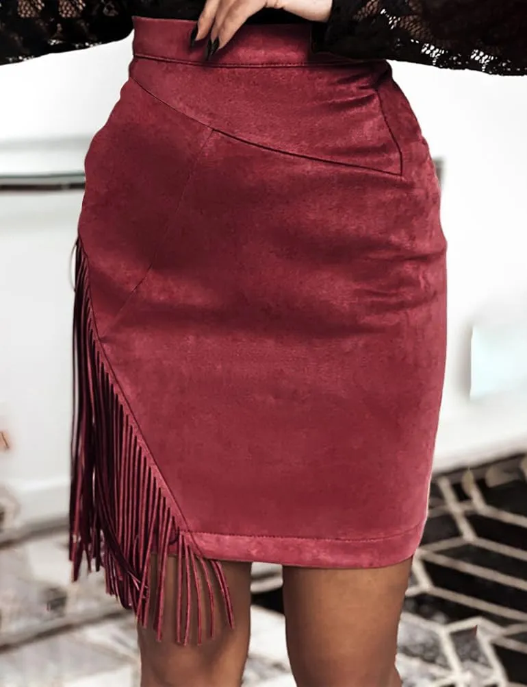 IDEALSANXUN Fringe Suede Skirt for Women High Waisted Tassel Short Mini Skirt