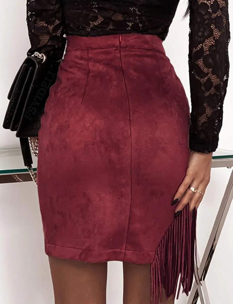 IDEALSANXUN Fringe Suede Skirt for Women High Waisted Tassel Short Mini Skirt