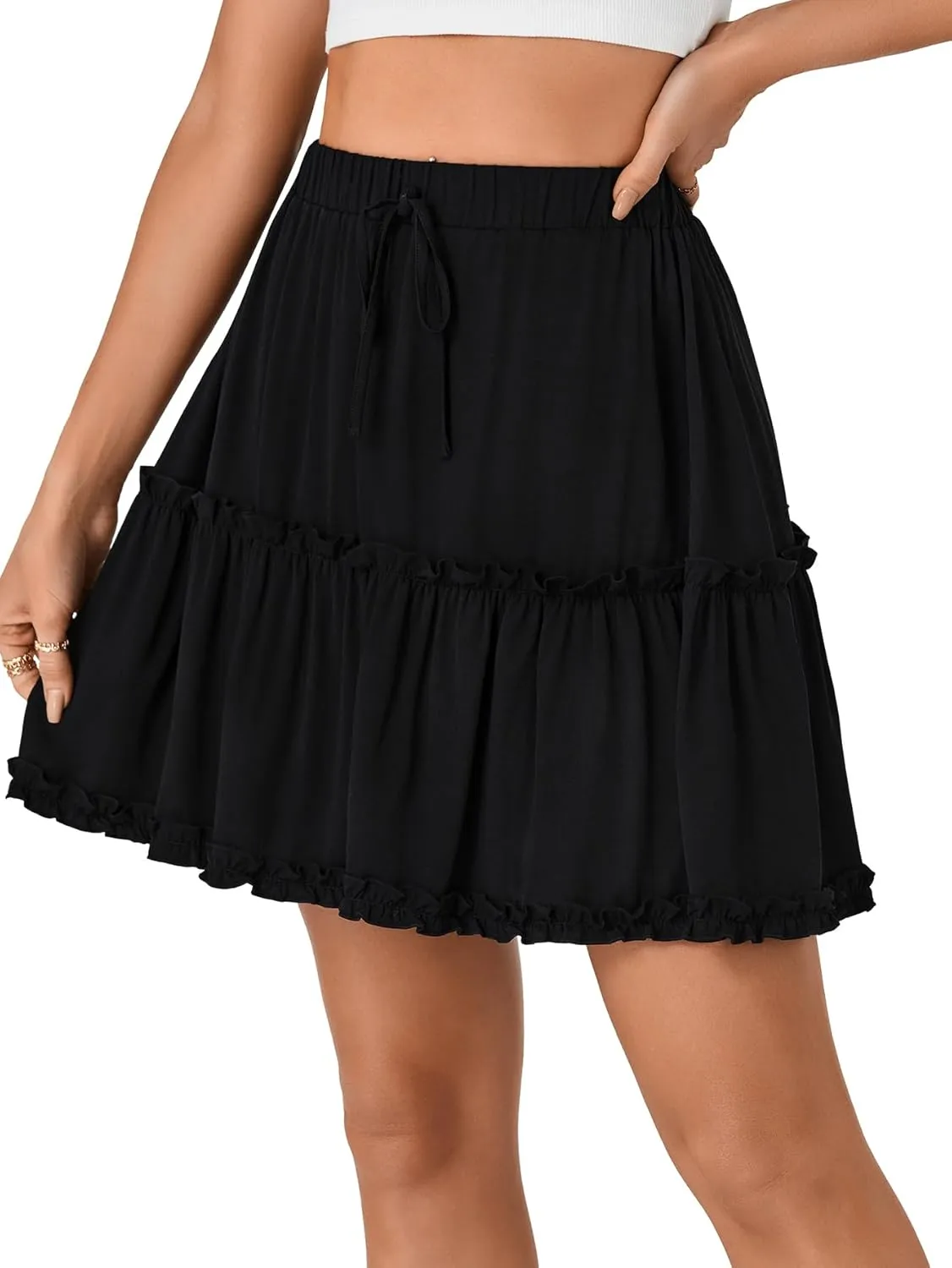 KIFOVEN Women's Summer Ruffle Skirt Elastic Waist Tiered Flowy A Line Short Mini Skirt