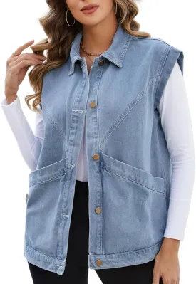 Ladyful Womens Oversized Denim Vest Long Jean Vest Top Utility Button Down Sleeveless Jean Jacket with Pockets