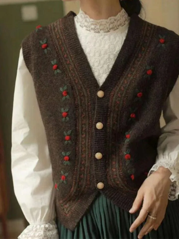 LANFUBEISI - Vintage Embroidery V Neck Sweater Vest