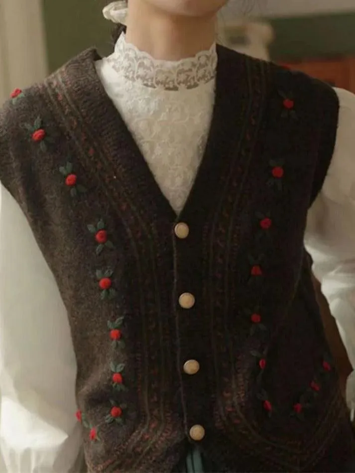 LANFUBEISI - Vintage Embroidery V Neck Sweater Vest