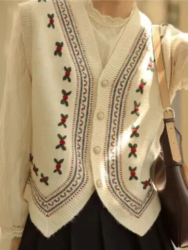 LANFUBEISI - Vintage Embroidery V Neck Sweater Vest