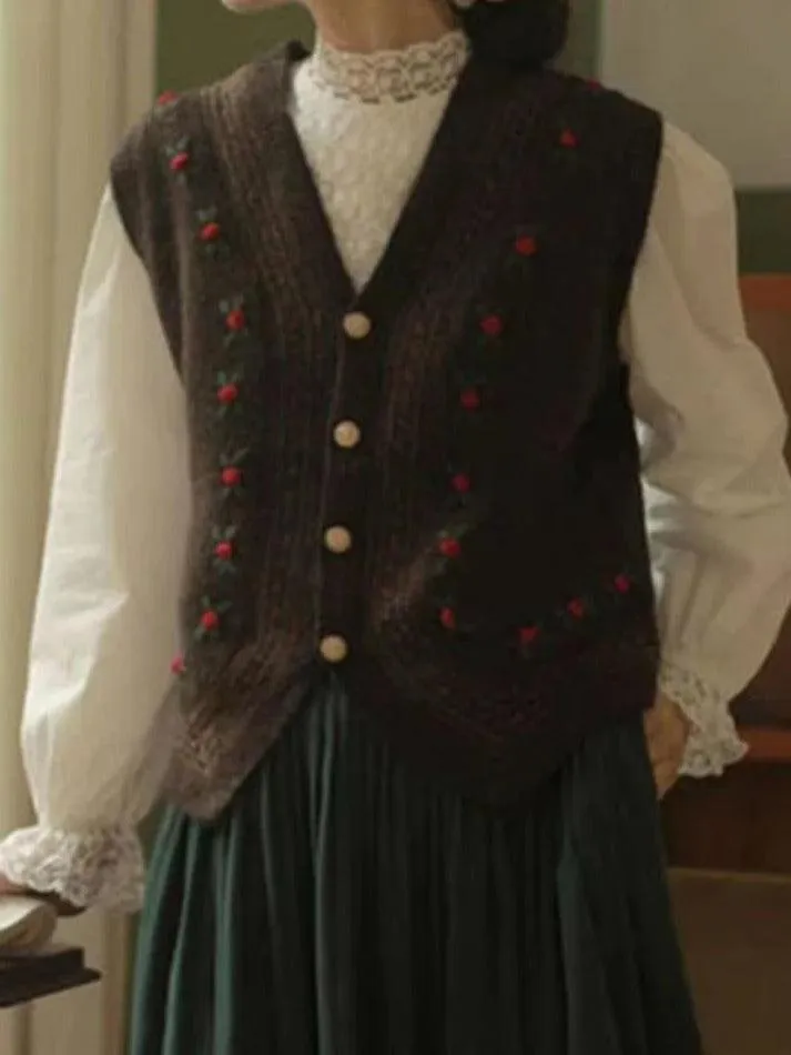 LANFUBEISI - Vintage Embroidery V Neck Sweater Vest