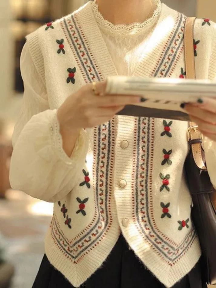 LANFUBEISI - Vintage Embroidery V Neck Sweater Vest