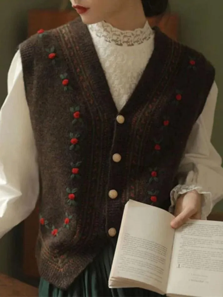 LANFUBEISI - Vintage Embroidery V Neck Sweater Vest