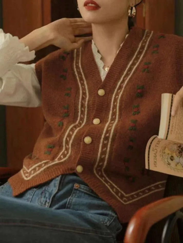 LANFUBEISI - Vintage Embroidery V Neck Sweater Vest
