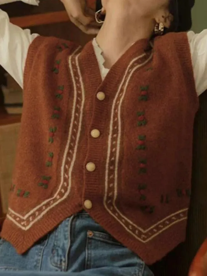 LANFUBEISI - Vintage Embroidery V Neck Sweater Vest