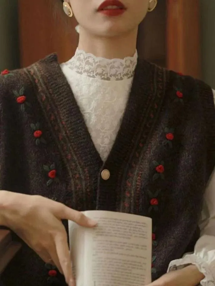 LANFUBEISI - Vintage Embroidery V Neck Sweater Vest