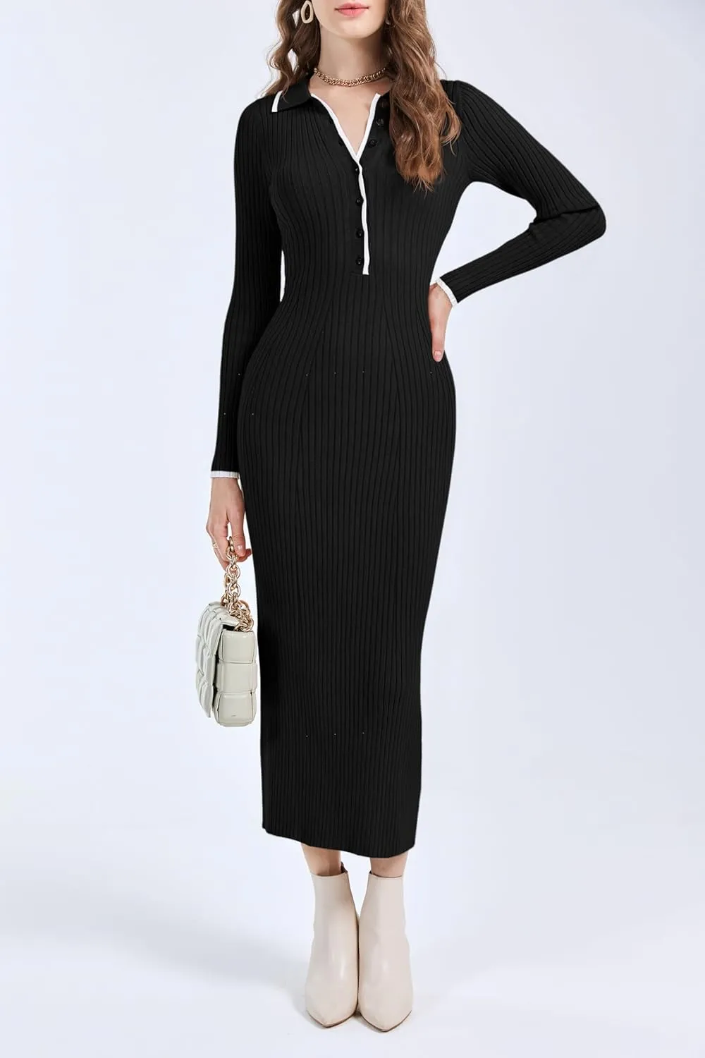 Langwyqu Womens Knit Long Sweater Dress Button V Neck Collared Long Sleeve Ribbed Bodycon Pullover 2024 Fall Maxi Dresses