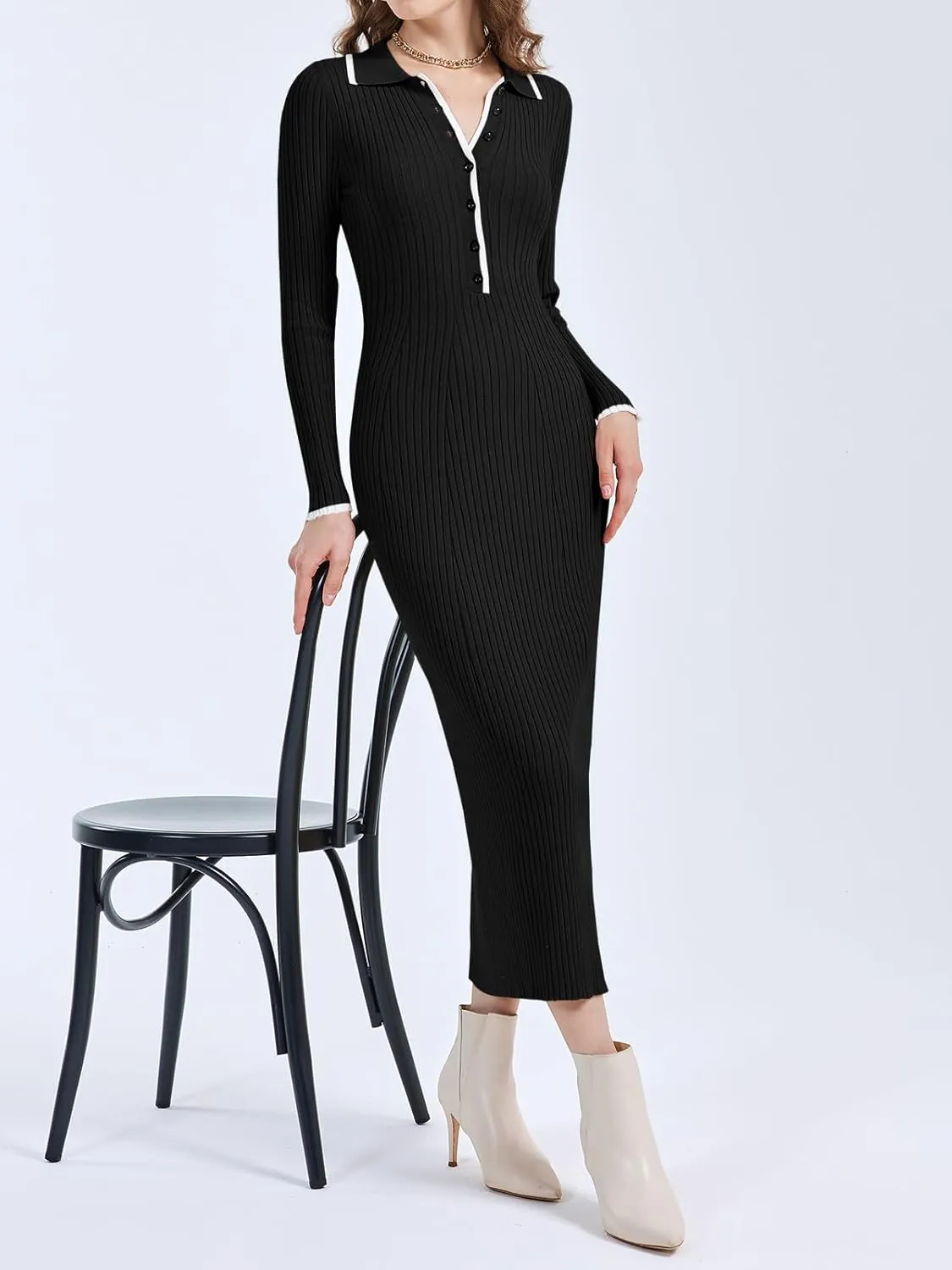 Langwyqu Womens Knit Long Sweater Dress Button V Neck Collared Long Sleeve Ribbed Bodycon Pullover 2024 Fall Maxi Dresses
