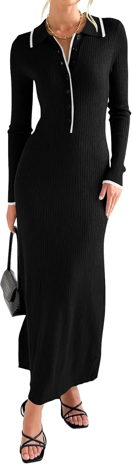 Langwyqu Womens Knit Long Sweater Dress Button V Neck Collared Long Sleeve Ribbed Bodycon Pullover 2024 Fall Maxi Dresses