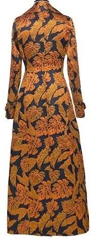 Leaf-Print Long Trench Coat