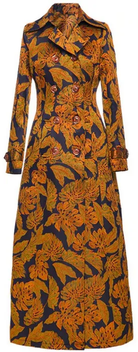 Leaf-Print Long Trench Coat
