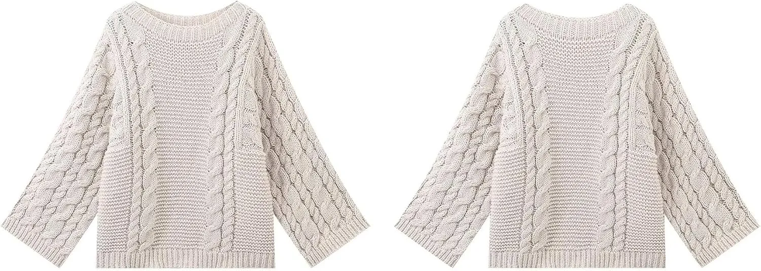LETSVDO Women's Oversized Cable Knit Sweater Long Sleeve Crewneck Baggy Slouchy Chunky Pullover Sweaters