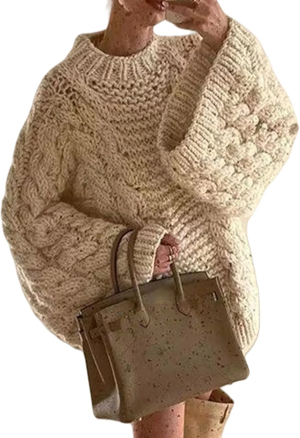 LETSVDO Women's Oversized Cable Knit Sweater Long Sleeve Crewneck Baggy Slouchy Chunky Pullover Sweaters