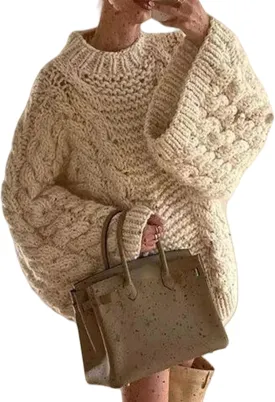 LETSVDO Women's Oversized Cable Knit Sweater Long Sleeve Crewneck Baggy Slouchy Chunky Pullover Sweaters