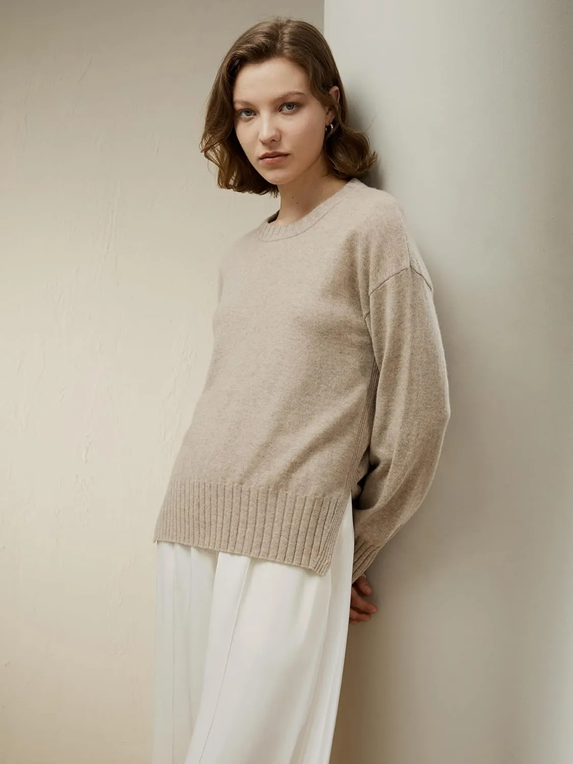 LilySilk Womens Sweater Drop-Shoulder 100% Cashmere Oversized Slit Pullover with Ribbed Cuffs Hem Crewneck Fall Winter