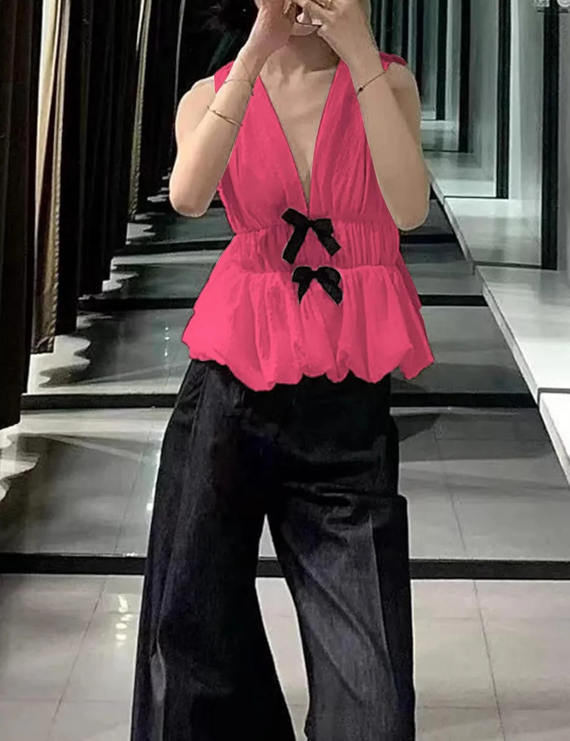 Lumister Womens Vest Top Bow V Neck Sleeveless Blouse Pleated Ruffle Peplum Babydoll Tops Tank Summer Shirt