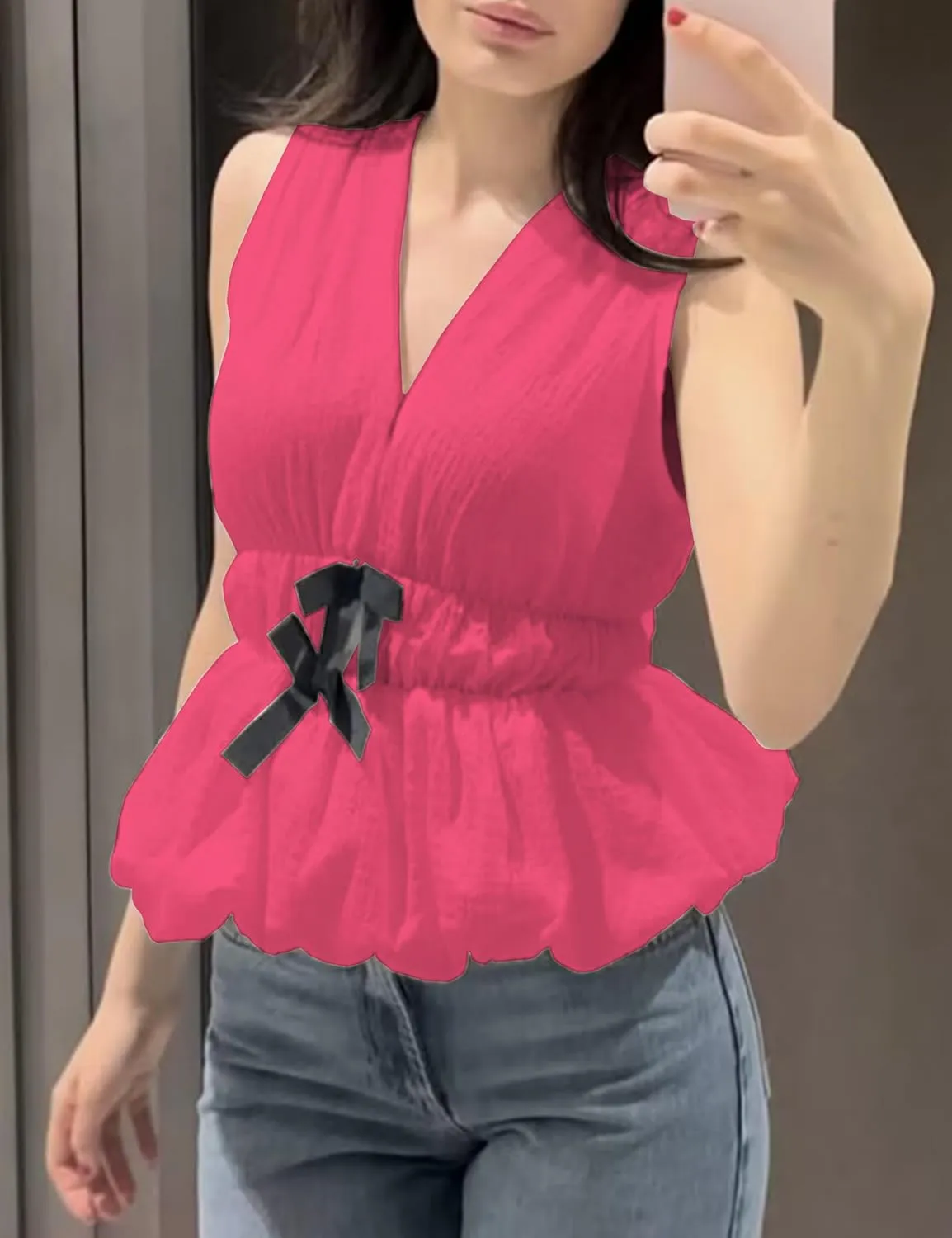 Lumister Womens Vest Top Bow V Neck Sleeveless Blouse Pleated Ruffle Peplum Babydoll Tops Tank Summer Shirt