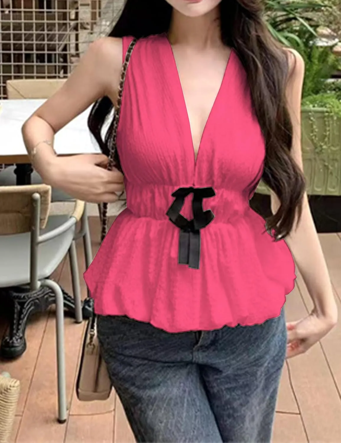 Lumister Womens Vest Top Bow V Neck Sleeveless Blouse Pleated Ruffle Peplum Babydoll Tops Tank Summer Shirt