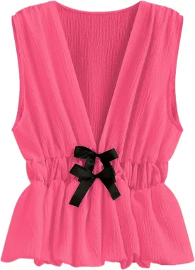 Lumister Womens Vest Top Bow V Neck Sleeveless Blouse Pleated Ruffle Peplum Babydoll Tops Tank Summer Shirt