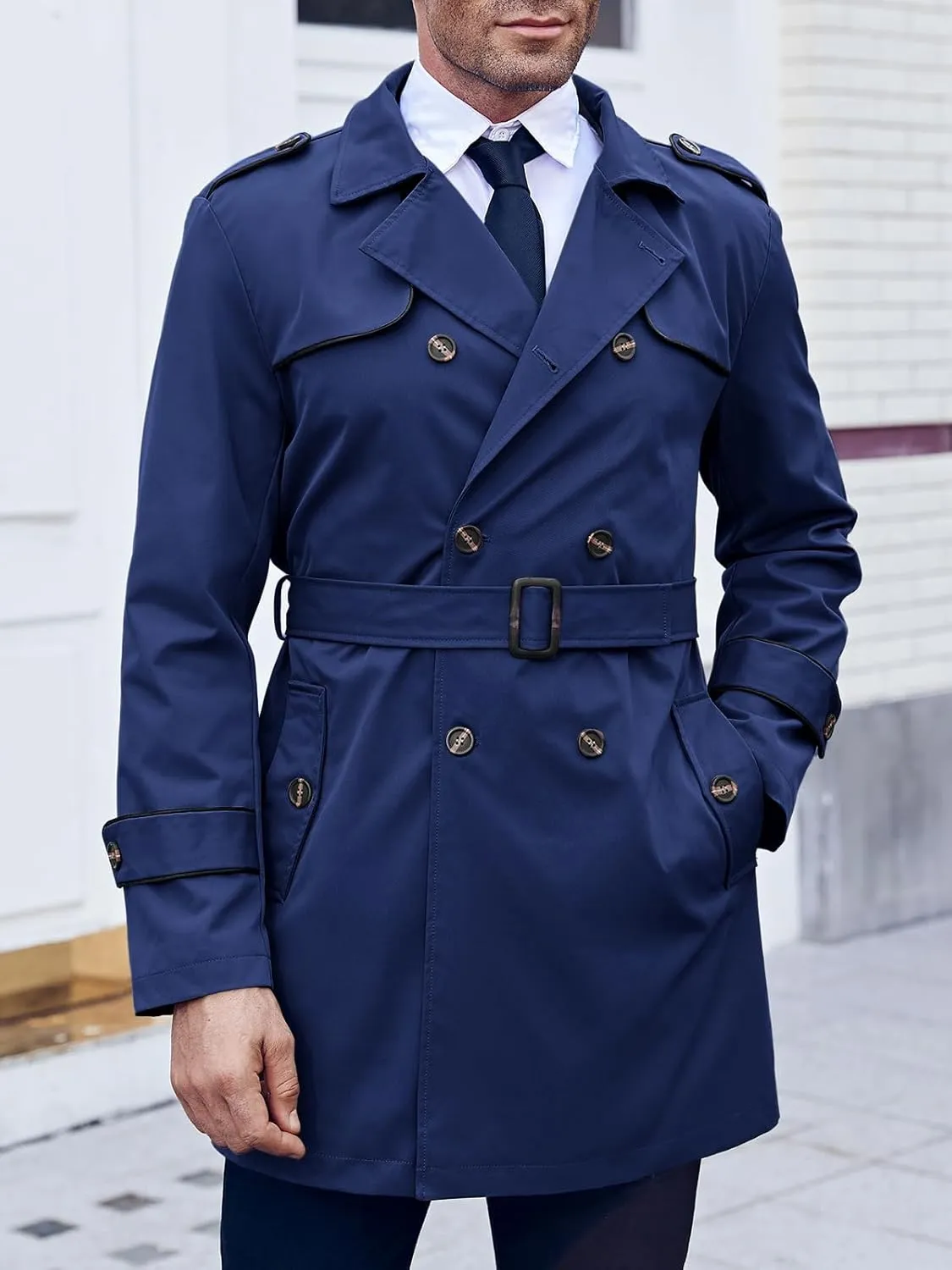Makkrom Men's Trench Coat Slim fit Double Breasted Notched Lapel Belted Windbreaker Long Jacket Casual Windproof Overcoat