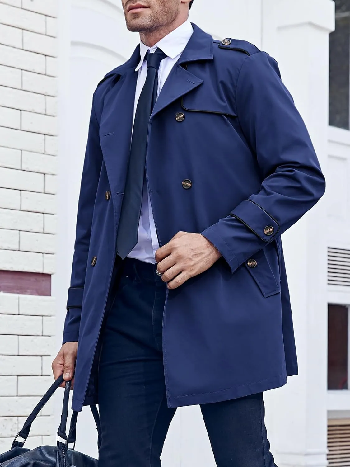 Makkrom Men's Trench Coat Slim fit Double Breasted Notched Lapel Belted Windbreaker Long Jacket Casual Windproof Overcoat