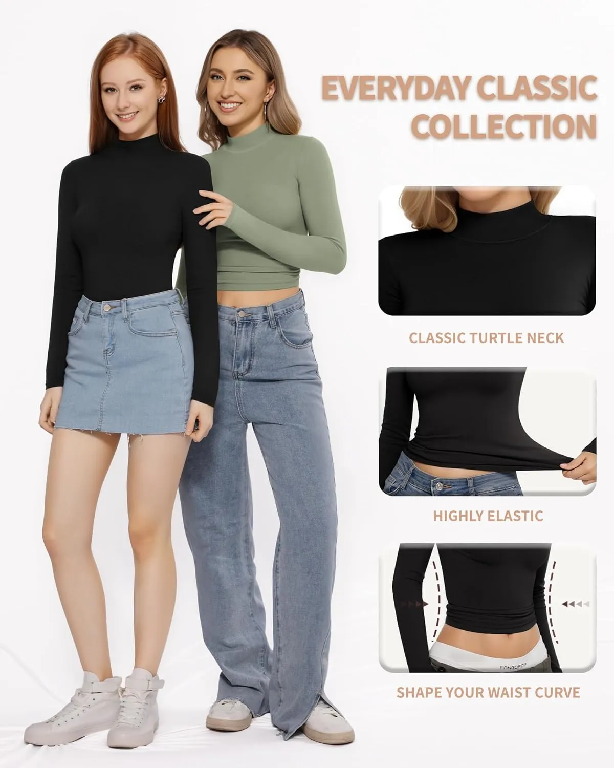 MANGOPOP Women's Turtle Neck T-Shirt Long Sleeve Thermal Underwear Top Hourglass Shaped Slim Fit Top