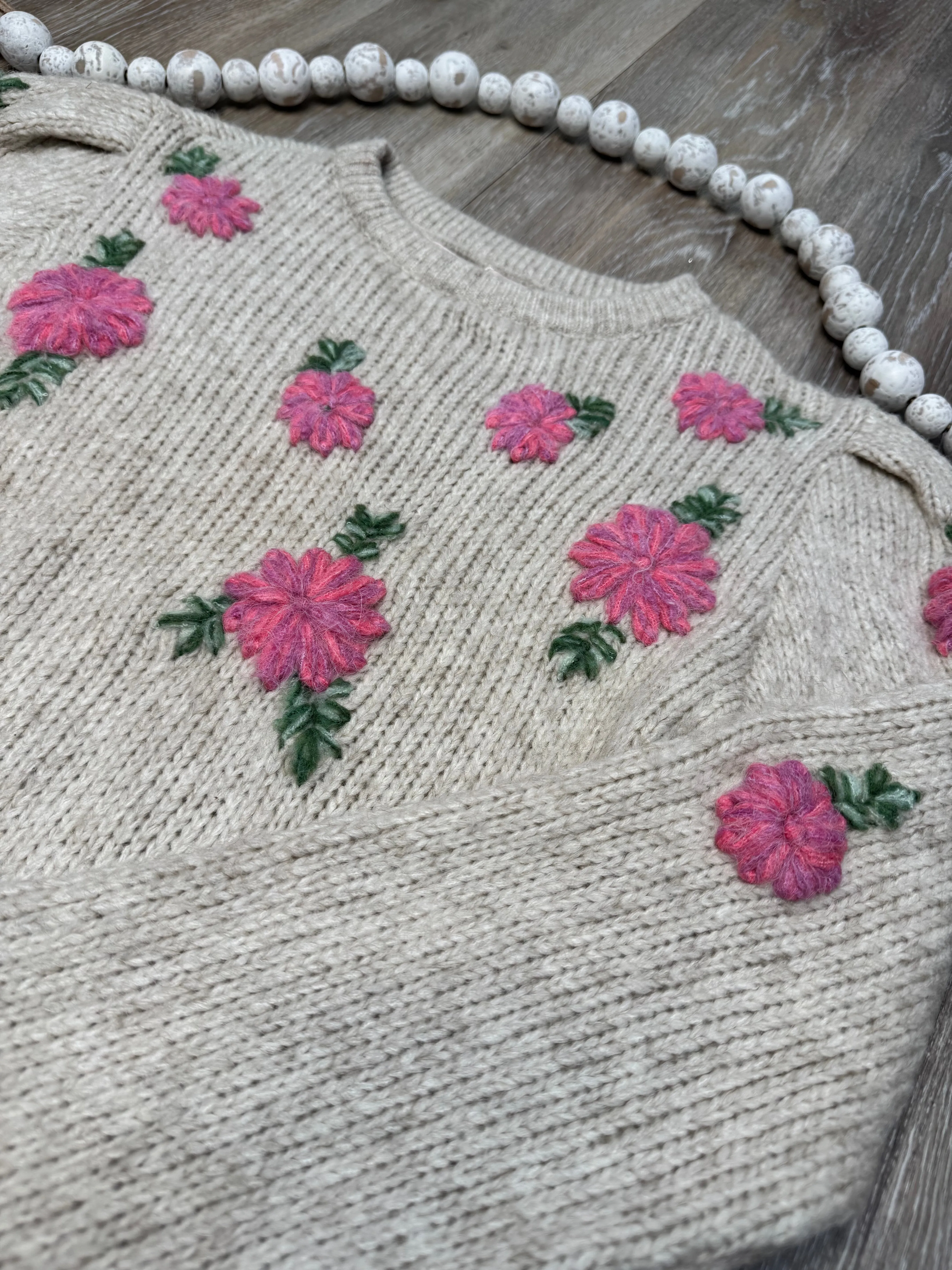 MAR Pink Embroidered Flower Sweater