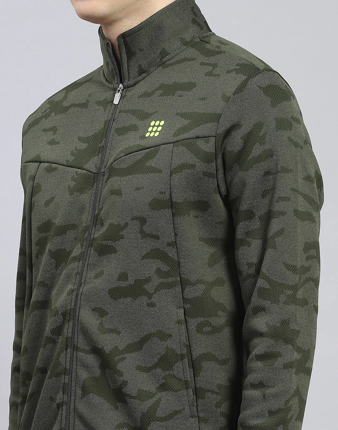 Men Olive Printed Stand Collar Full Sleeve Sweatshirt
