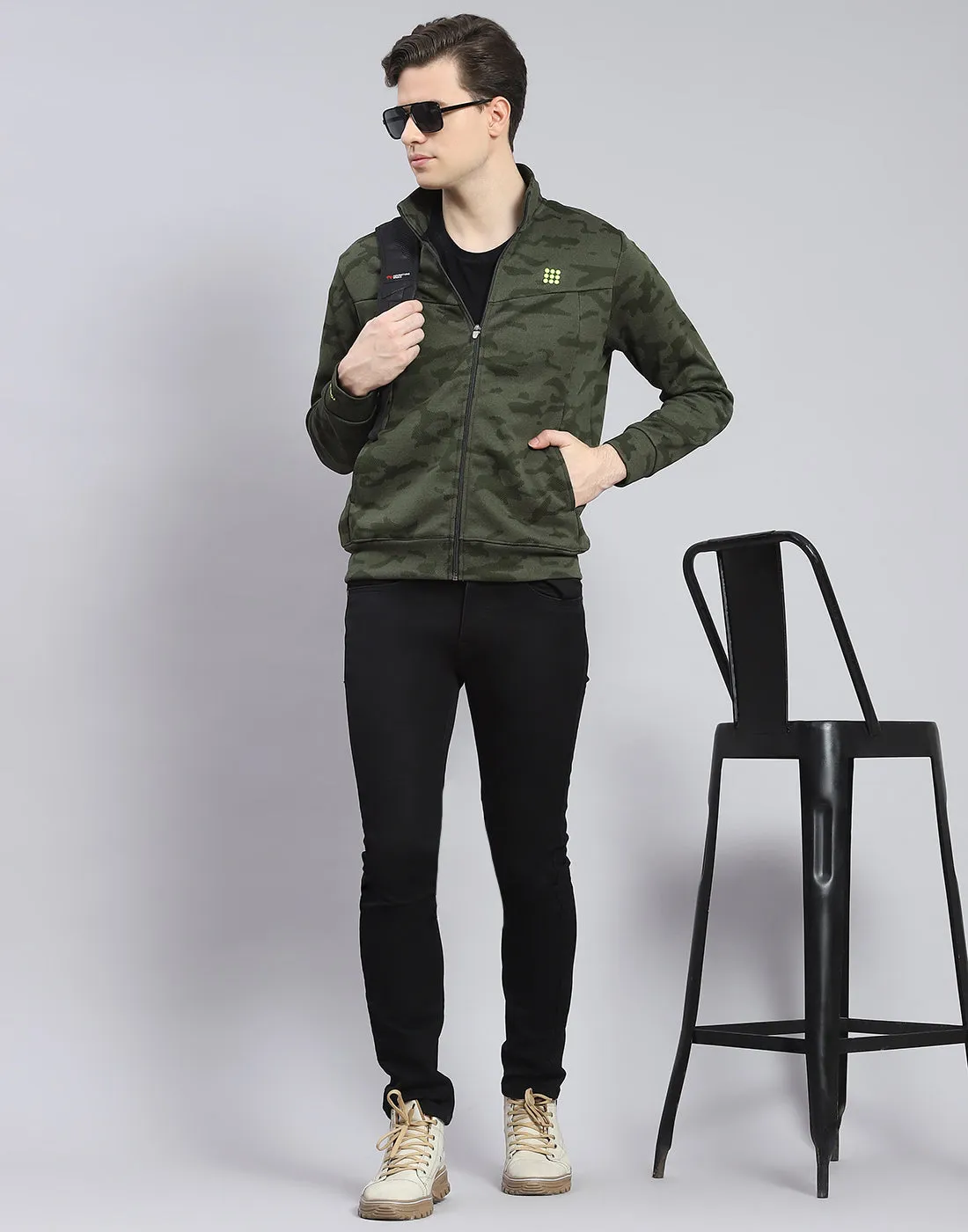 Men Olive Printed Stand Collar Full Sleeve Sweatshirt