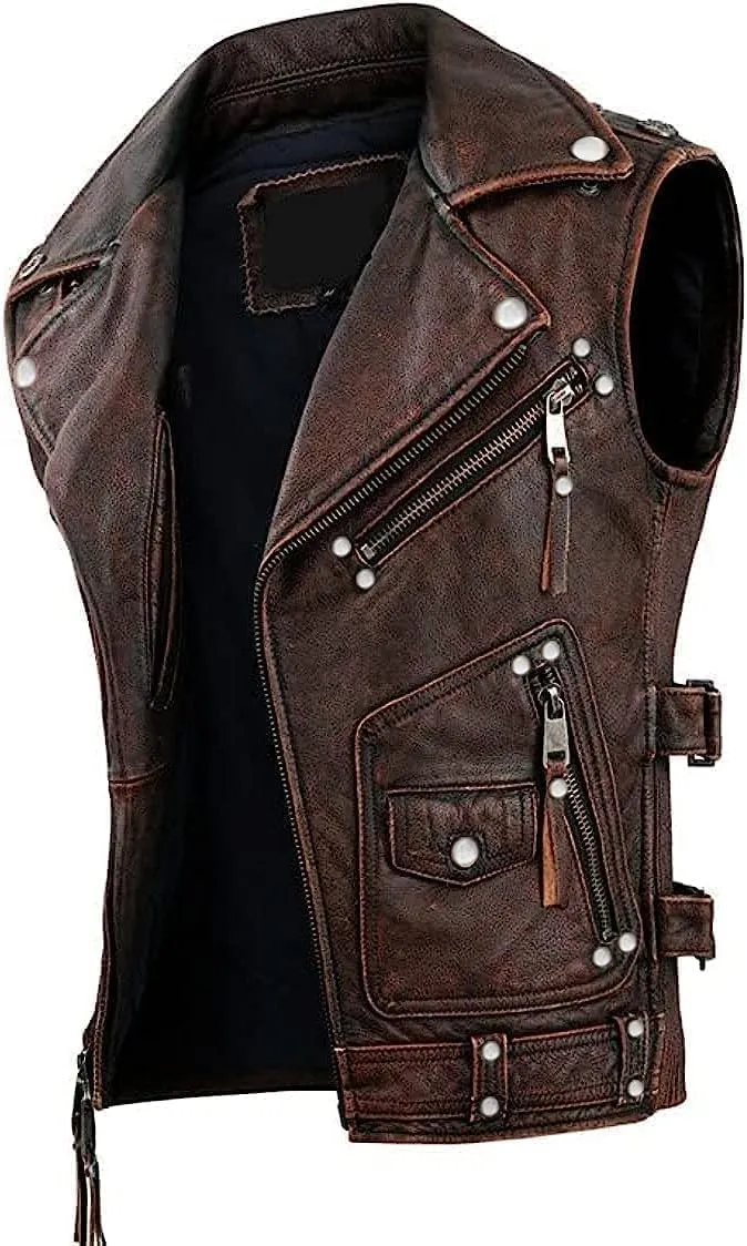 Mens Vintage Negan Cowhide Brown Biker Riding sleeveless Motorcycle Leather Vest