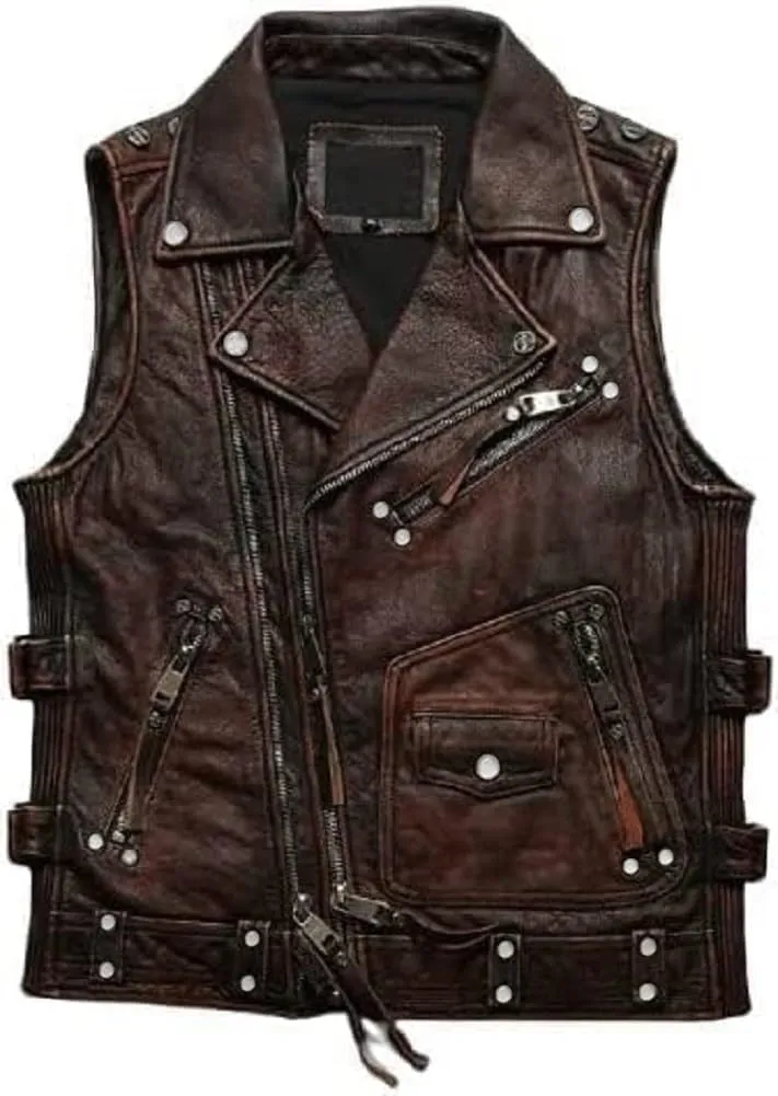 Mens Vintage Negan Cowhide Brown Biker Riding sleeveless Motorcycle Leather Vest