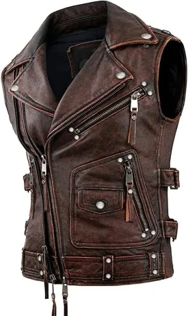 Mens Vintage Negan Cowhide Brown Biker Riding sleeveless Motorcycle Leather Vest