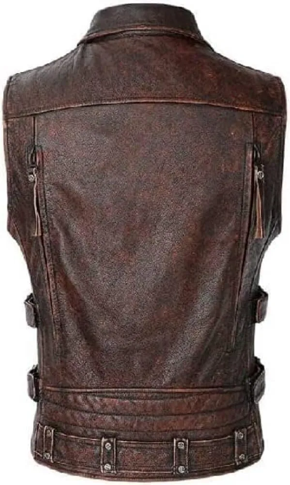 Mens Vintage Negan Cowhide Brown Biker Riding sleeveless Motorcycle Leather Vest