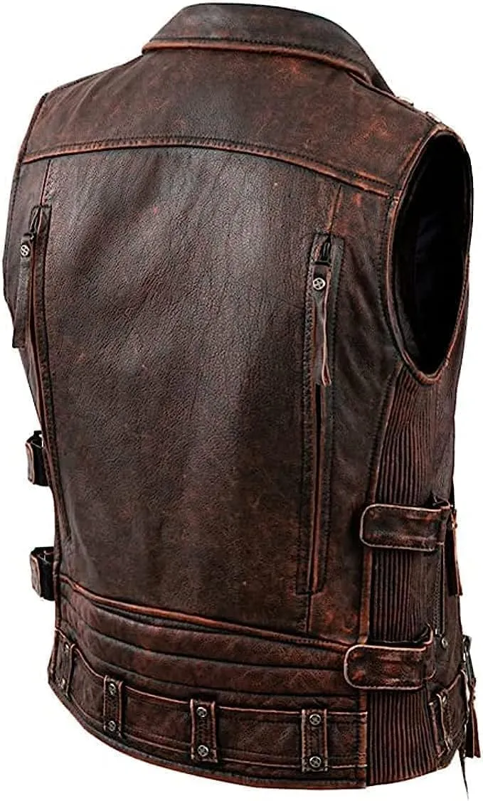 Mens Vintage Negan Cowhide Brown Biker Riding sleeveless Motorcycle Leather Vest