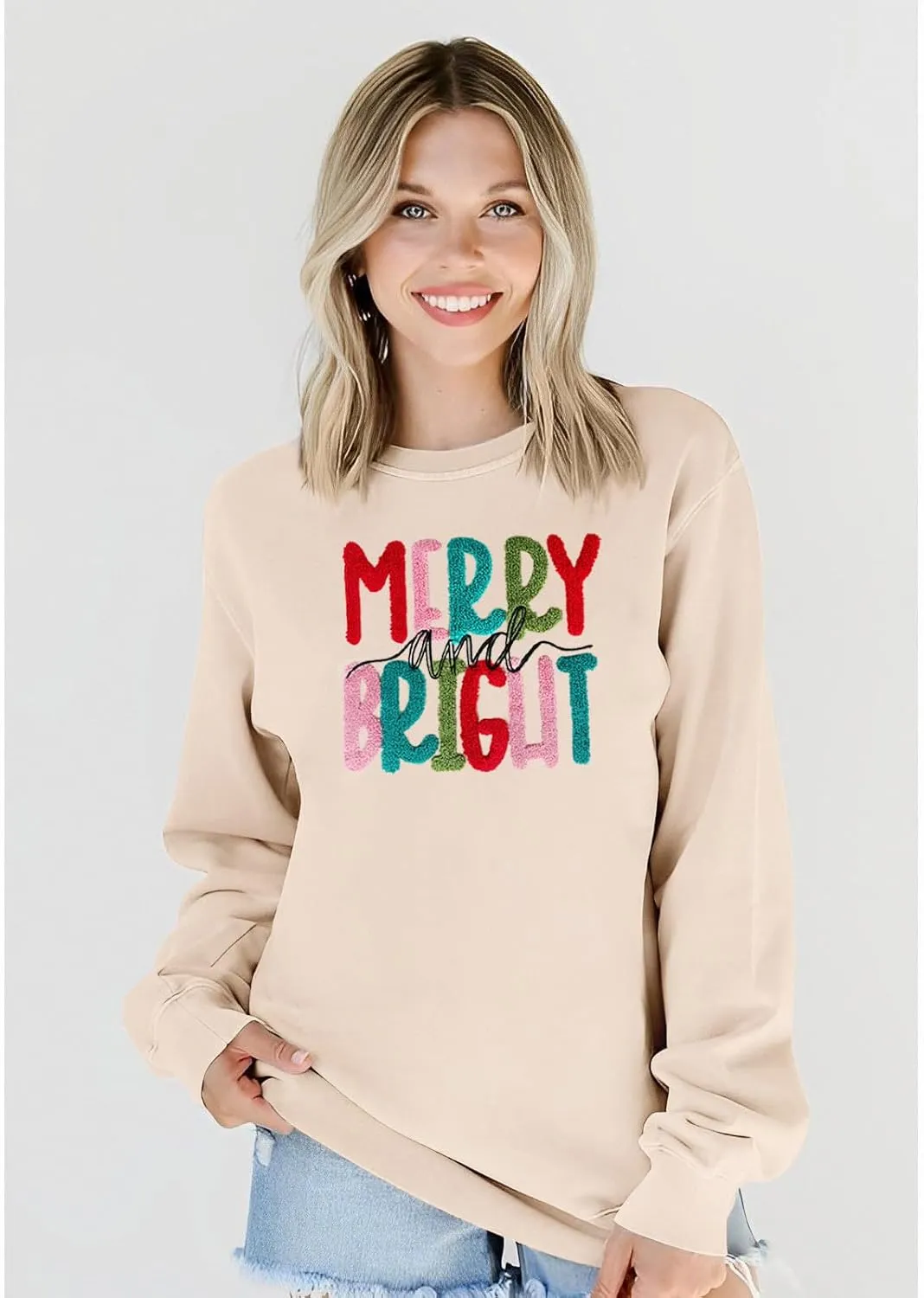 Merry Christmas Sweatshirts Women Merry And Bright Christmas Pullover Top Chenille Patch Letter Printed Xmas Gifts Top