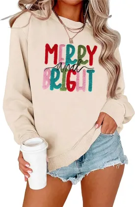 Merry Christmas Sweatshirts Women Merry And Bright Christmas Pullover Top Chenille Patch Letter Printed Xmas Gifts Top