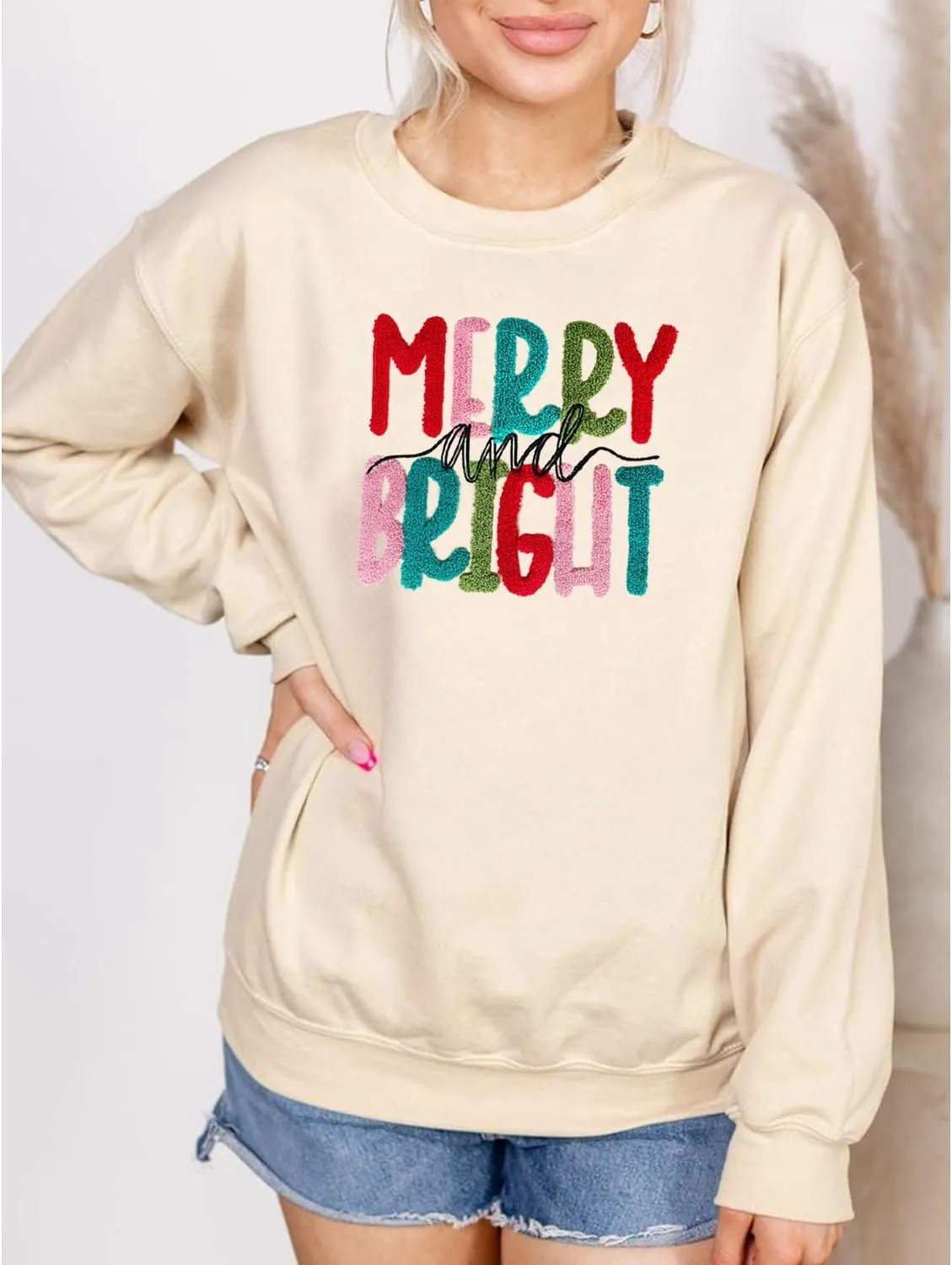 Merry Christmas Sweatshirts Women Merry And Bright Christmas Pullover Top Chenille Patch Letter Printed Xmas Gifts Top