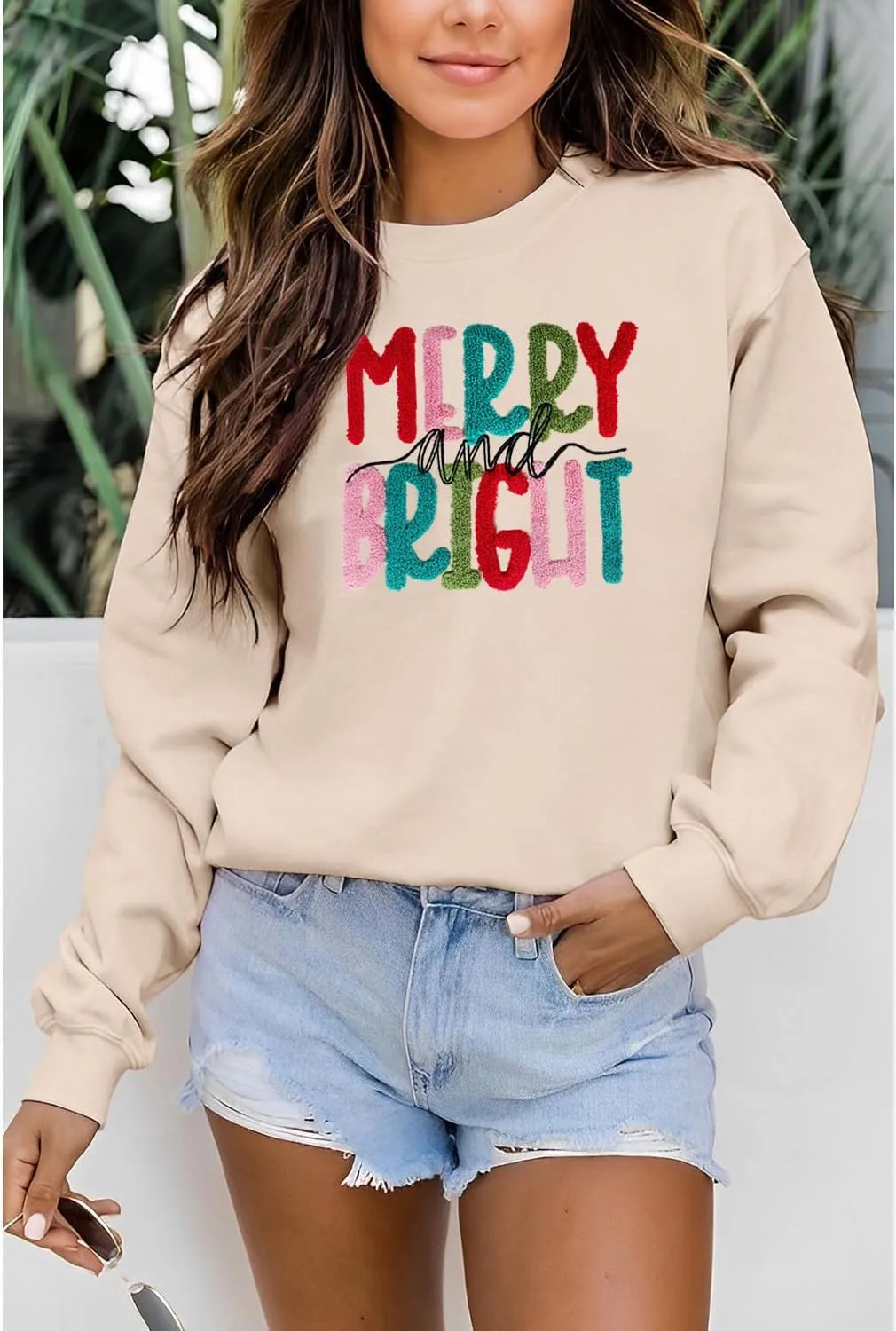 Merry Christmas Sweatshirts Women Merry And Bright Christmas Pullover Top Chenille Patch Letter Printed Xmas Gifts Top