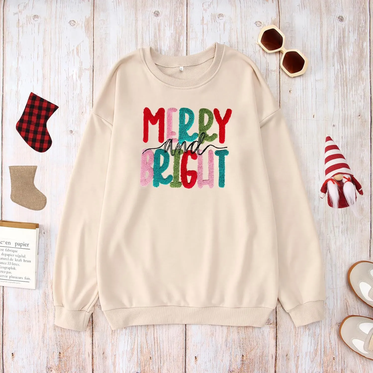 Merry Christmas Sweatshirts Women Merry And Bright Christmas Pullover Top Chenille Patch Letter Printed Xmas Gifts Top