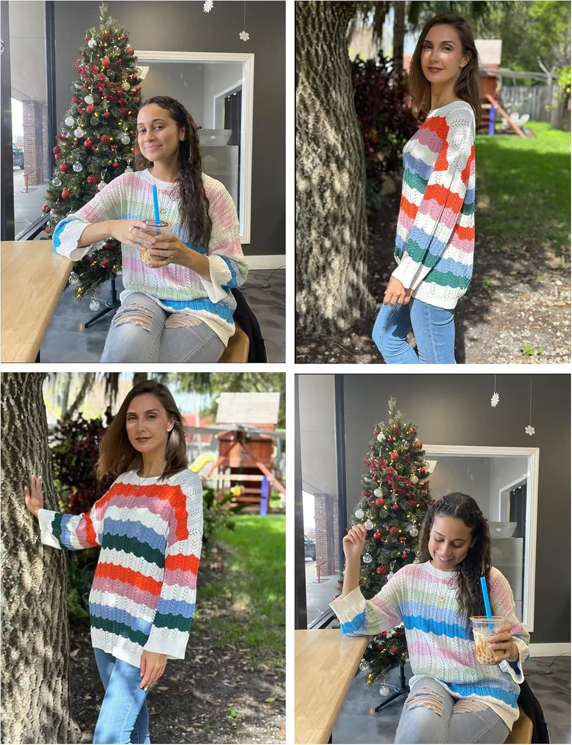 MISSKY Womens Off Shoulder Long Sleeve Sweater Color Block Wave Striped Sweaters for Women Knit Jumper Tops